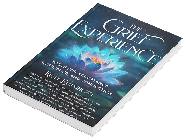 Book titled 'The Grief Experience' with a lotus flower on the cover.