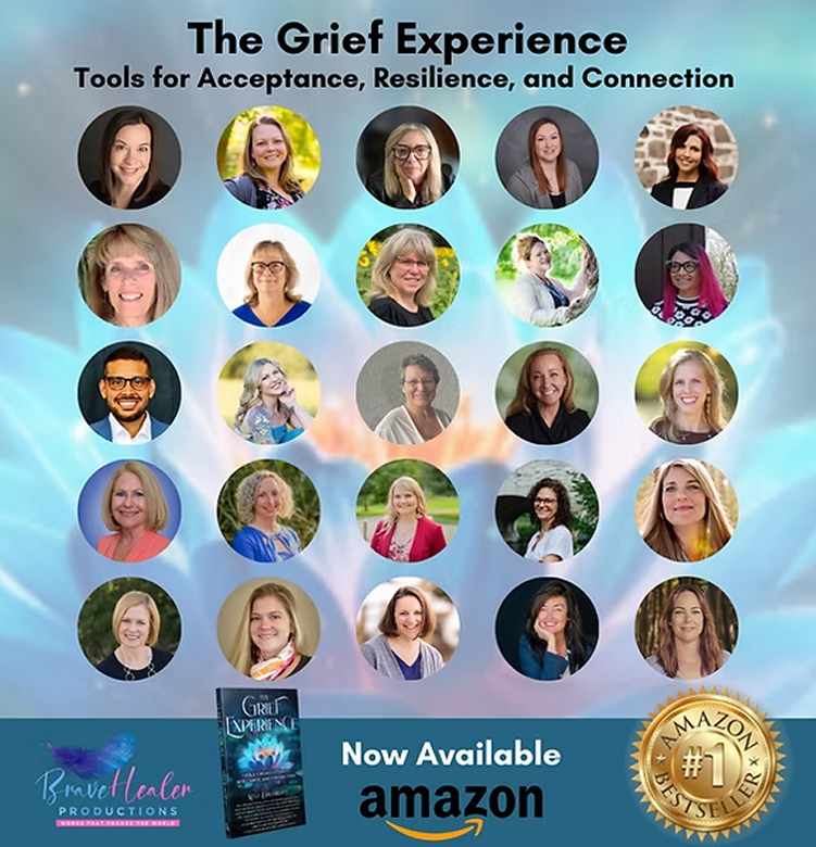 A promotional poster for "The Grief Experience," featuring photos of 20 women, with the subtitle "Tools for Acceptance, Resilience, and Connection." It advertises a book available on Amazon and highlights being an Amazon bestseller.