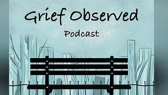 An illustrated cover for a podcast called 'Grief Observed,' featuring a park bench with a fence and trees in the background.