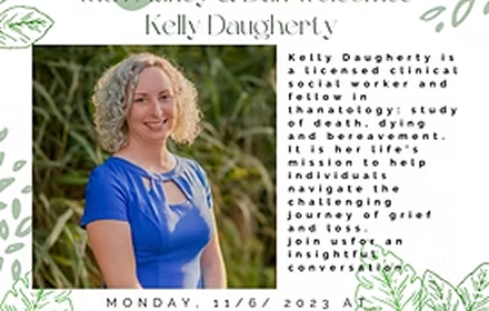 A woman with curly blonde hair wearing a blue shirt smiling outdoors, with green foliage in the background, and text about Kelly Dougherty's biography and career.