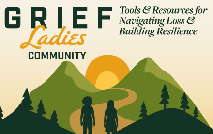 A logo for GREF Ladies Community with mountains, trees, a sunset, and silhouettes of two women walking.