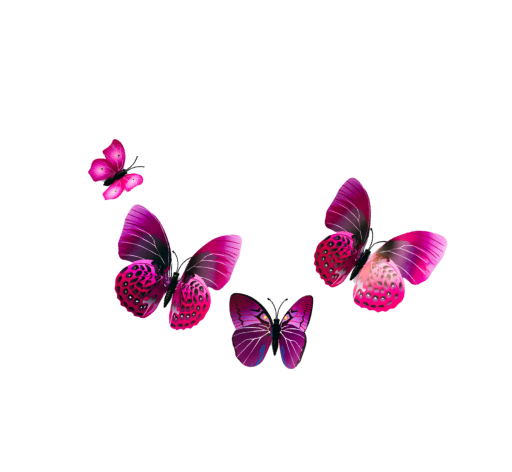 Multiple pink and purple butterflies surrounding a pink and purple shape with bars.
