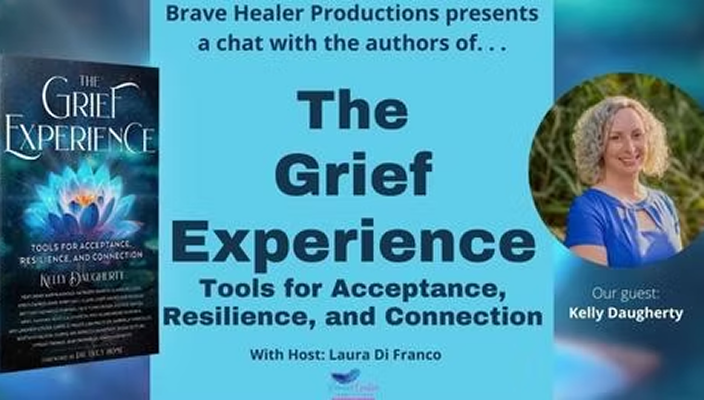 Promotional graphic for a chat about the book "The Grief Experience" featuring Kelly Daugherty as guest and Laura Di Franco as host, with book cover image and a photo of Kelly Daugherty.