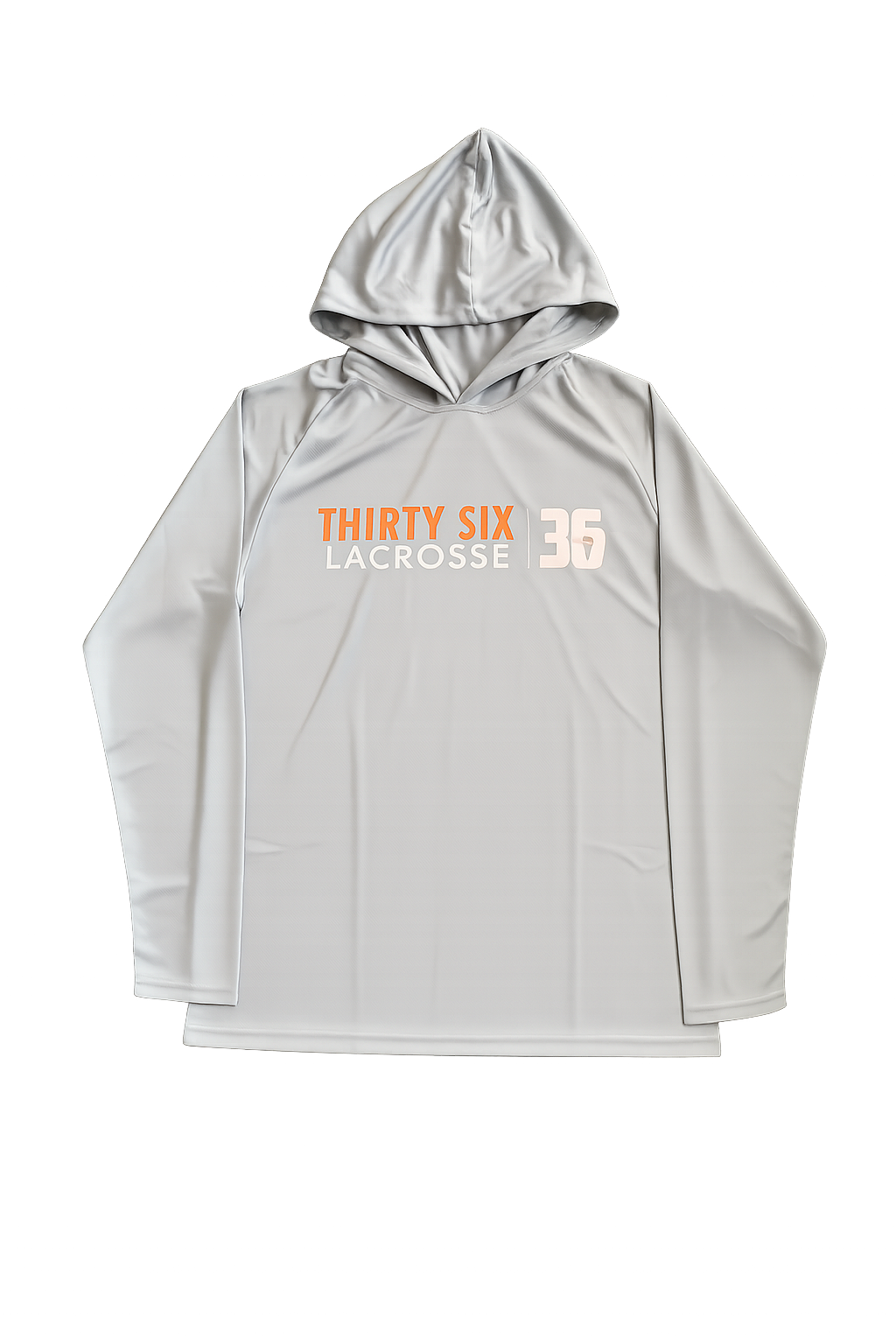 White hooded athletic shirt with printed text: "THIRTY SIX LACROSSE 36" in orange and gray.