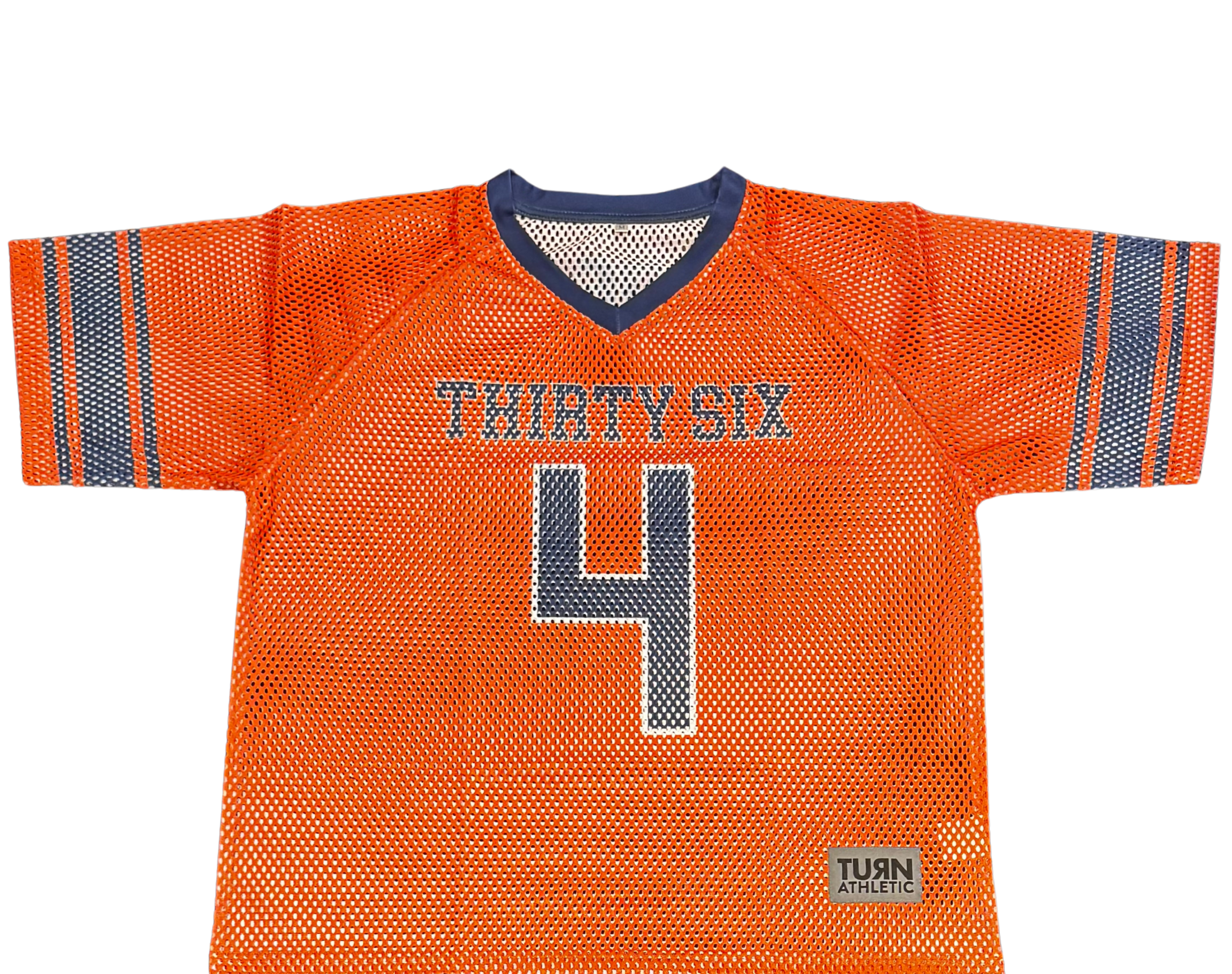 Orange athletic porthole mesh jersey with blue and white accents, number 4, and the word 'THIRTY SIX' on the front.