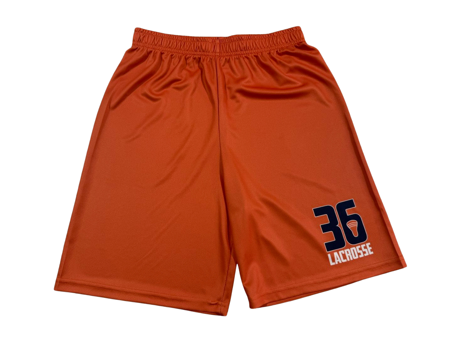Orange lacrosse shorts with a navy logo and the number 36 on the left leg.