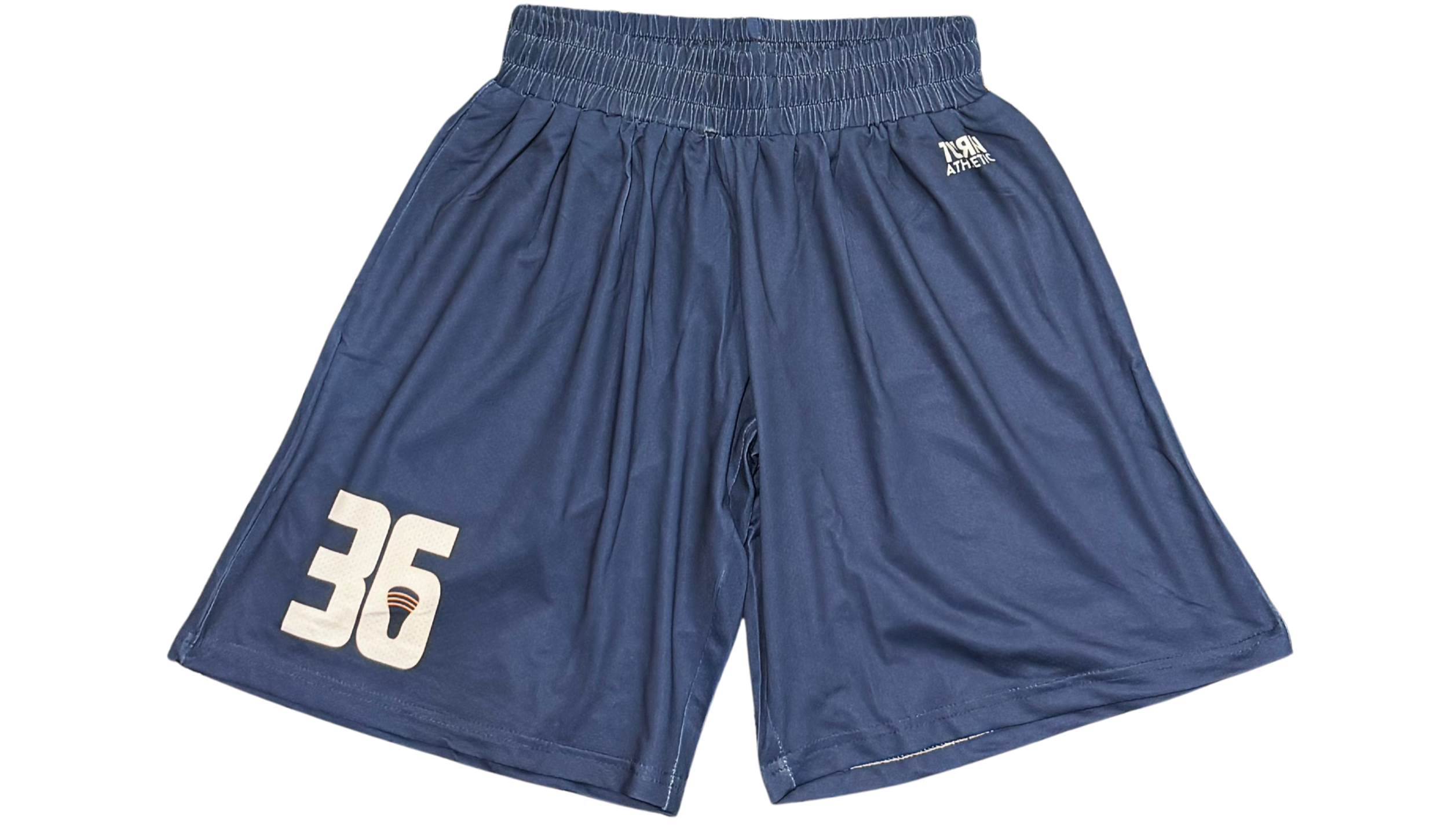 Pair of navy blue athletic shorts with the number 36 and a basketball logo printed on the left leg.
