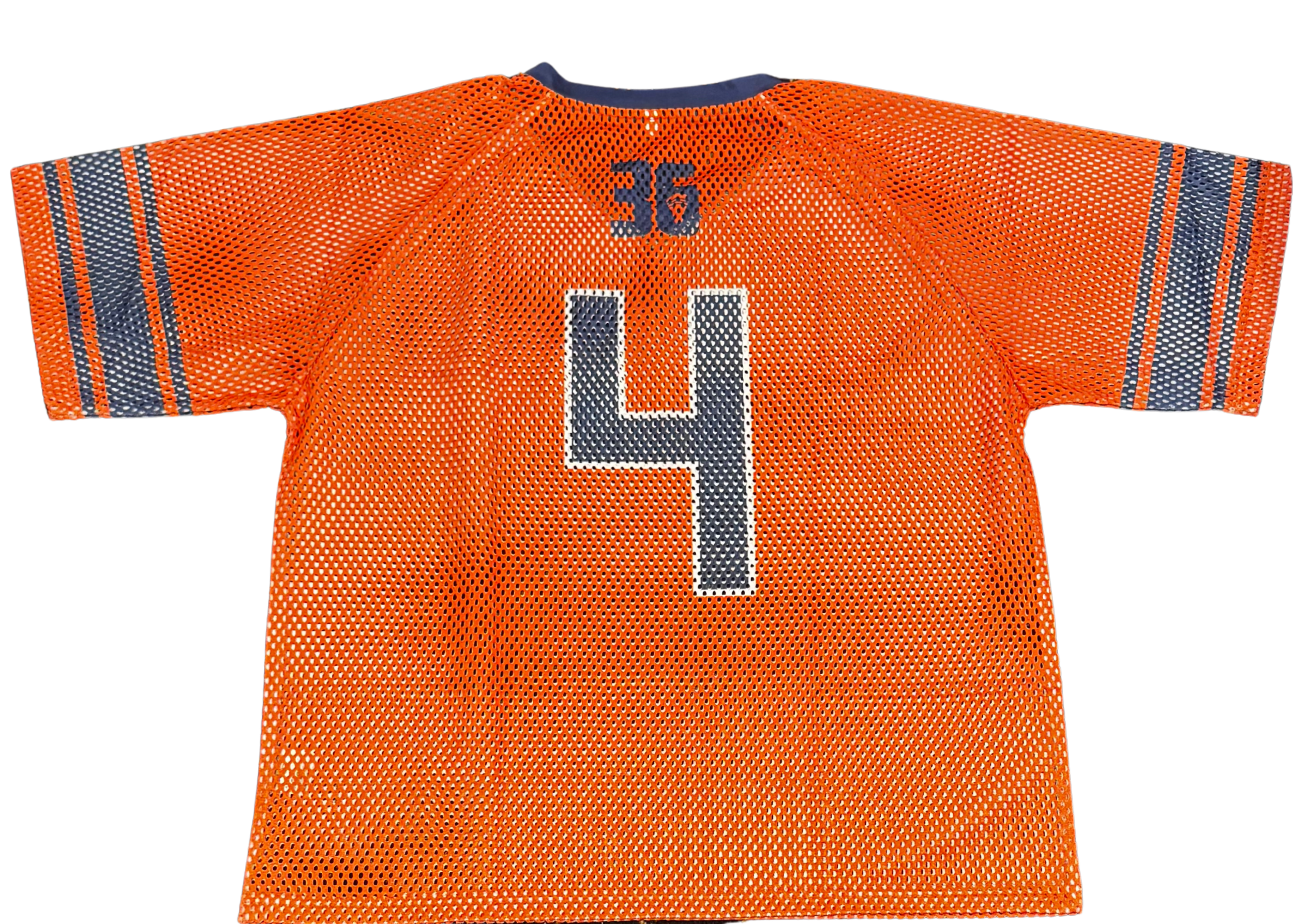 Orange sports jersey with the number 4 in navy and white, and the number 36 in navy on the back, with navy and white stripes on the sleeves.