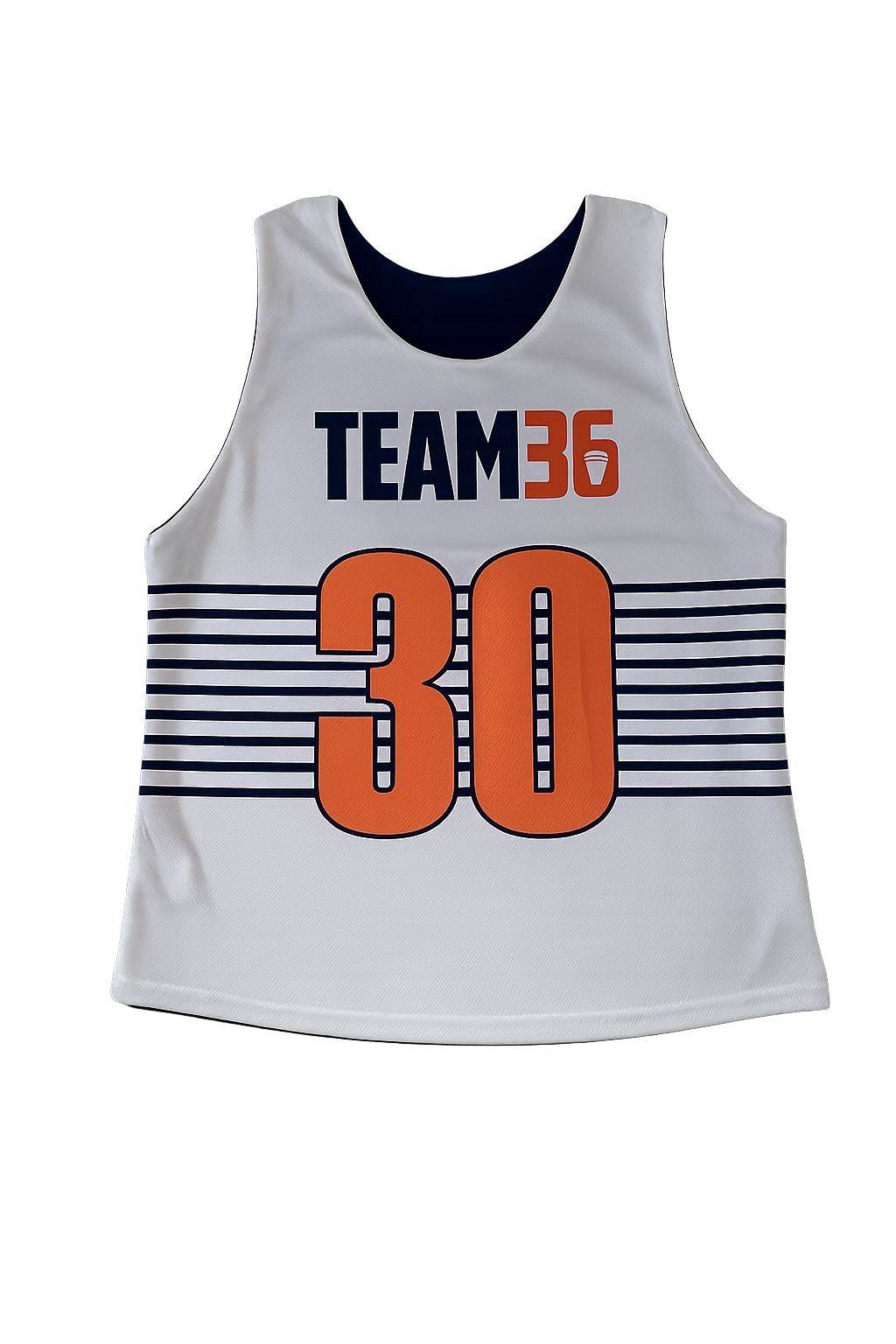 A white lacrosse jersey with blue and orange accents featuring the text 'TEAM 36' and the number '30' on the front, displayed against a dark background with colorful stage lights.