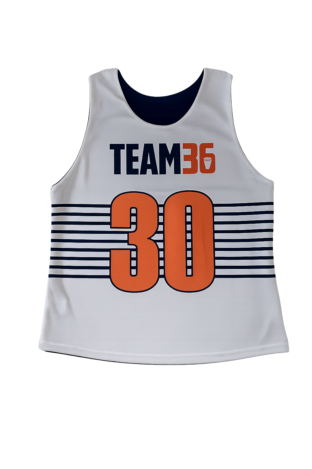 Basketball jersey with 'TEAM36' at the top, number '30' in large orange digits, and a pattern of horizontal navy blue lines.