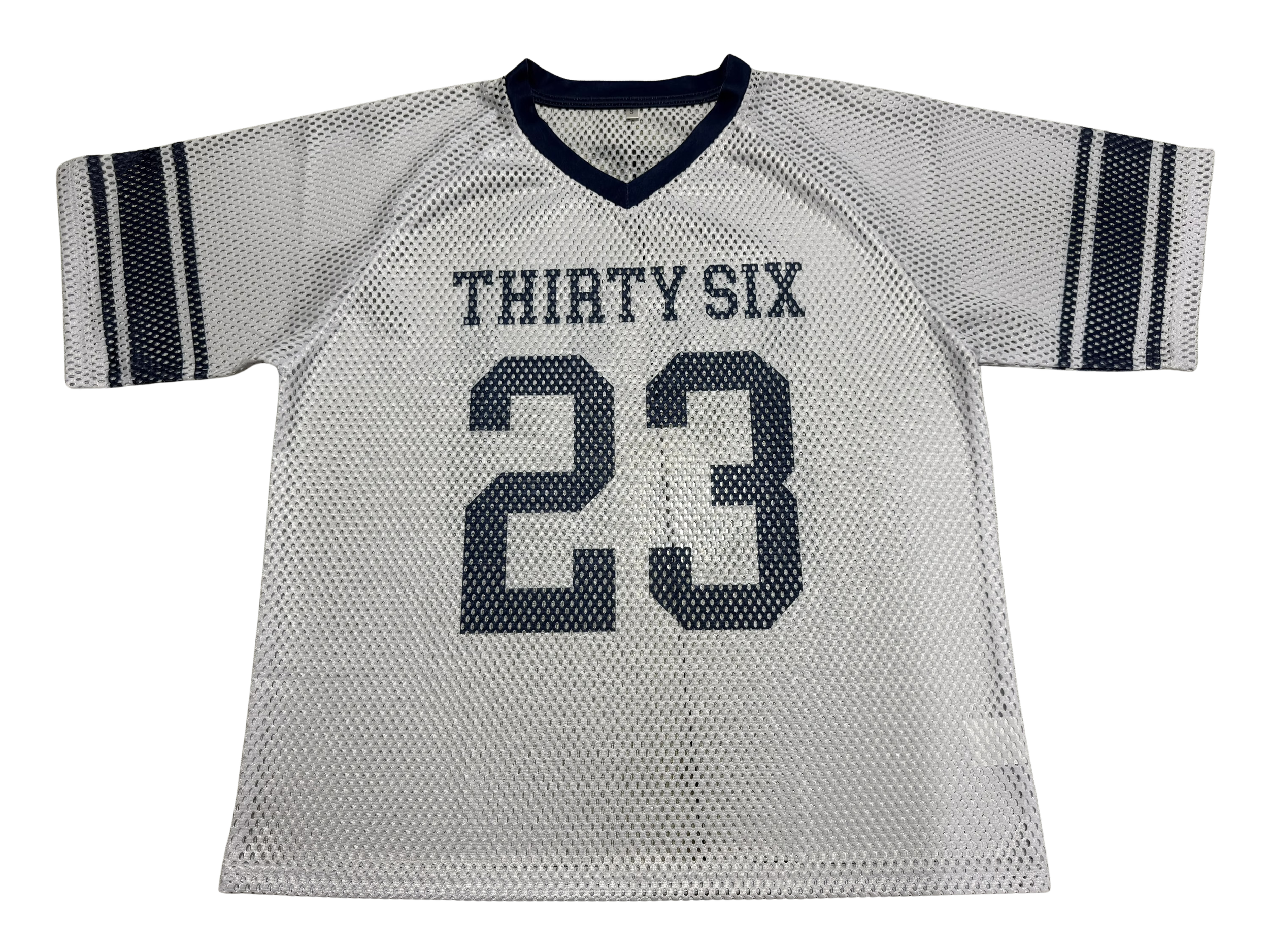 A white porthole lacrosse jersey with blue accents, displaying the number 23 and the words "Thirty Six" on the front, made of mesh fabric.