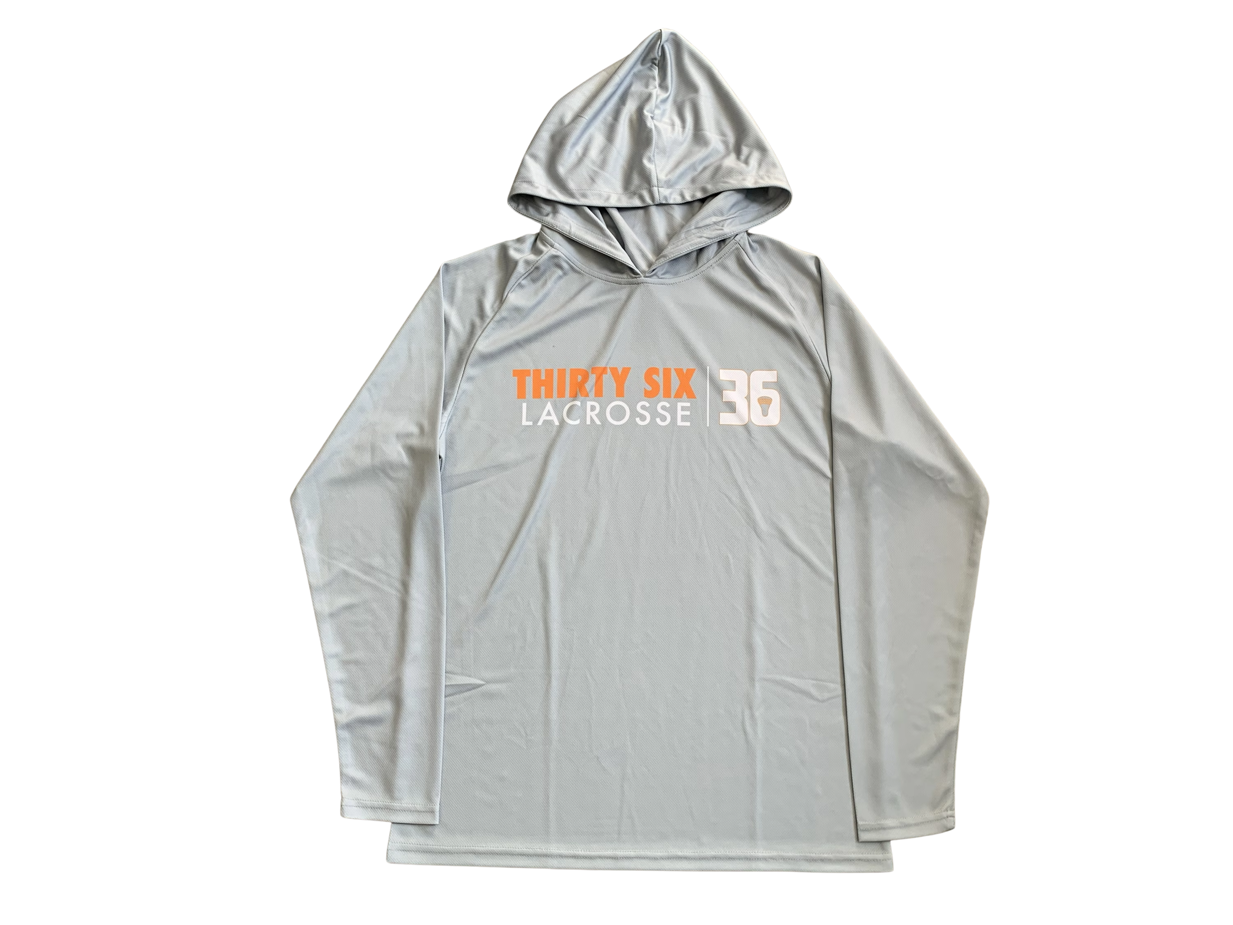 Gray hooded sweatshirt with printed text reading 'Thirty Six Lacrosse 36' in orange, white, and gray.