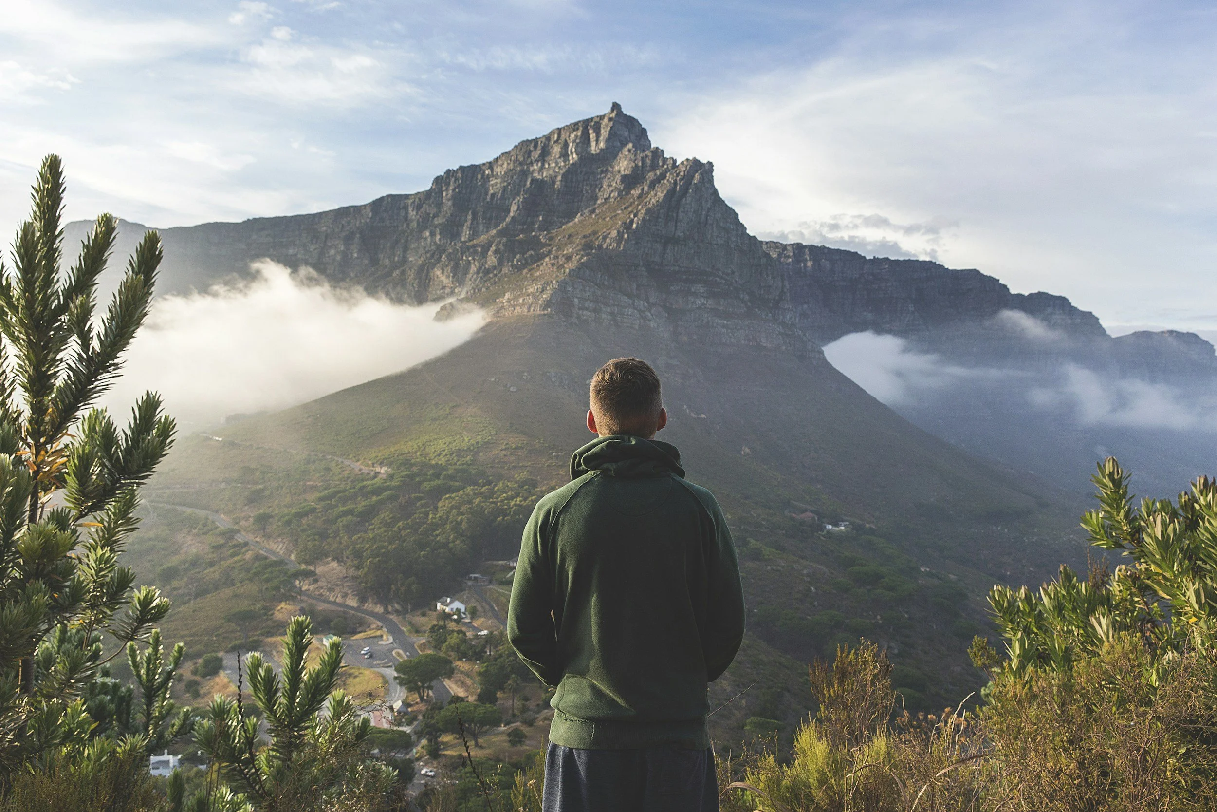 A person standing outdoors overlooking a mountain with clouds around the peak, surrounded by greenery.