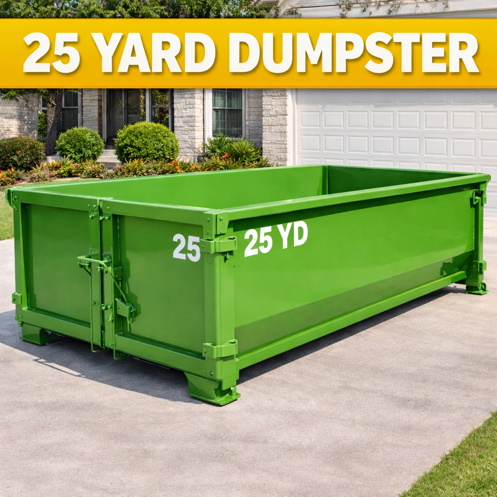 A large, green 25-yard dumpster placed on a driveway in front of a house with bushes and a white garage door.