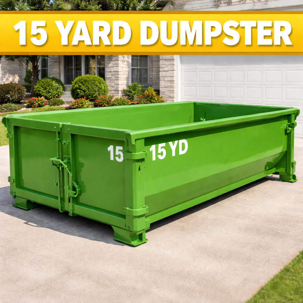 Green 15-yard dumpster in driveway with a house and garden in the background