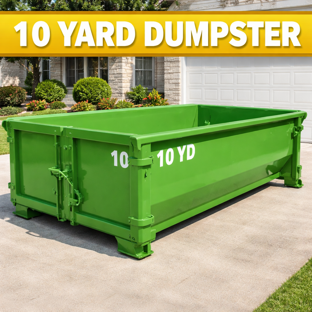 A large green yard dumpster with white text reading '10 YARD' on the side, situated in a driveway in front of a house with a garden, under a bright yellow sign that says '10 YARD DUMPSTER.'