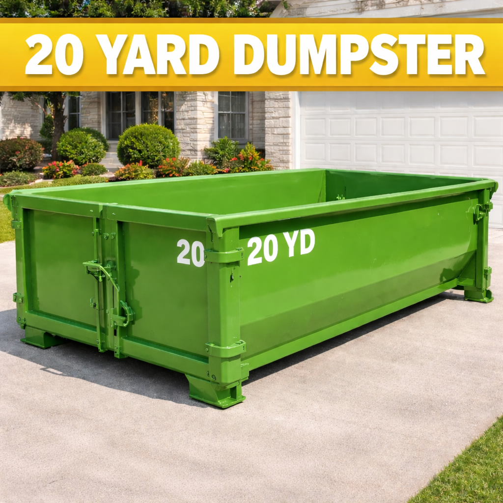 Large green dumpster with white lettering indicating it is a 20-yard capacity, placed on a driveway in front of a house with a well-kept yard.