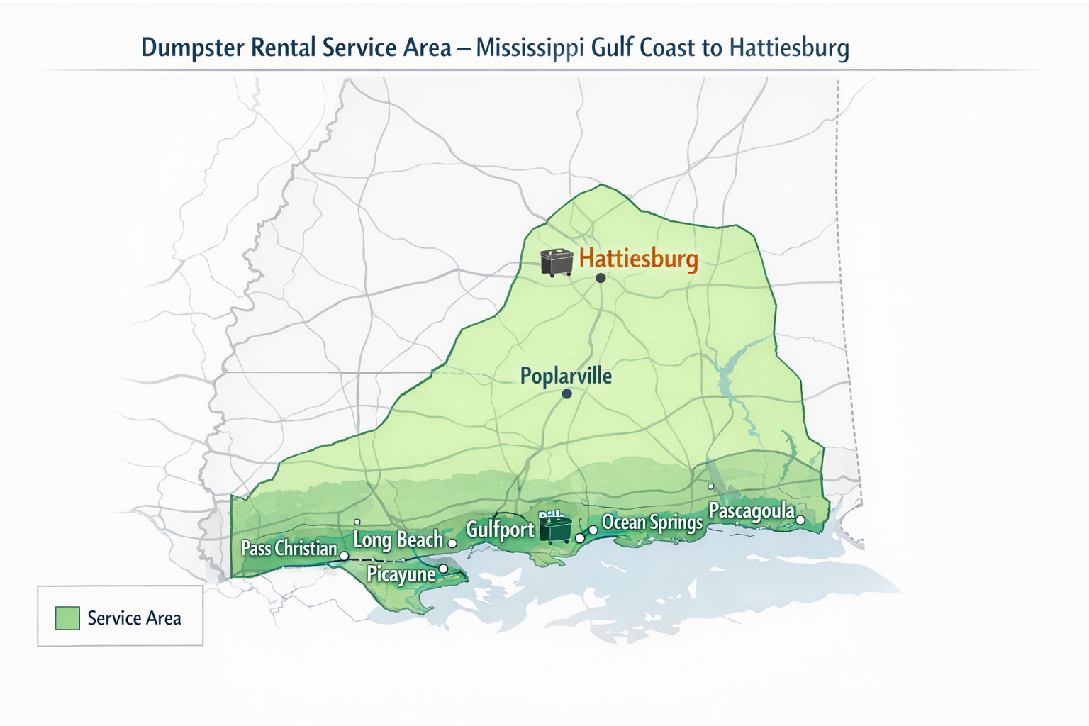 Map showing the dumpster rental service area from Mississippi Gulf Coast to Hattiesburg, including cities Pass Christian, Long Beach, Picayune, Gulfport, Ocean Springs, Pascagoula, and Poplarville, with a green shaded area and trash bin icons.