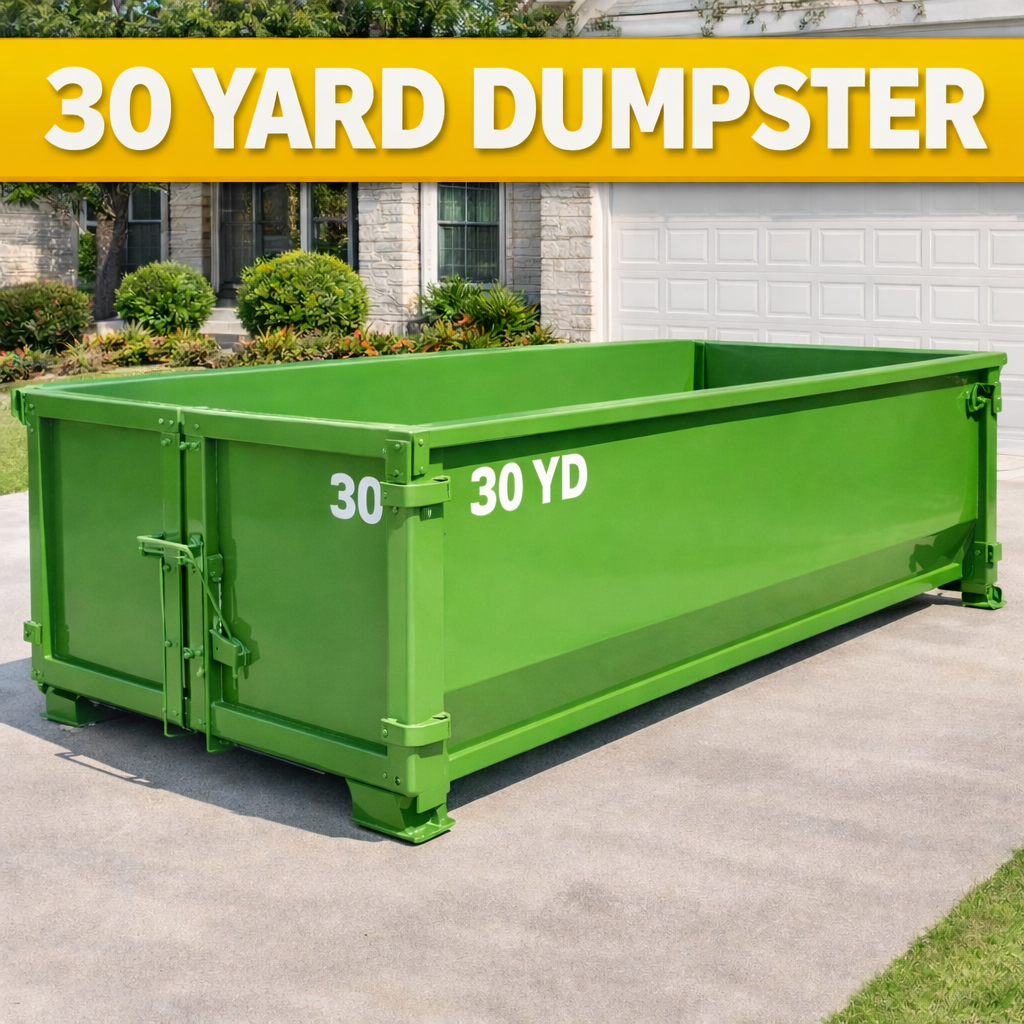 A large green 30-yard dumpster on a paved driveway in front of a house with landscaped bushes and trees.