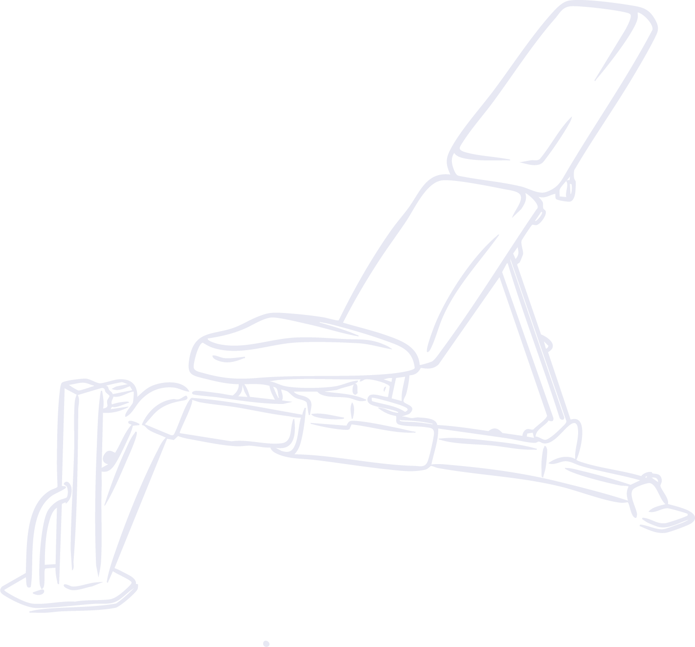 Outline drawing of a workout bench with a padded seat and backrest, supported by a metal frame, shown against a black background.