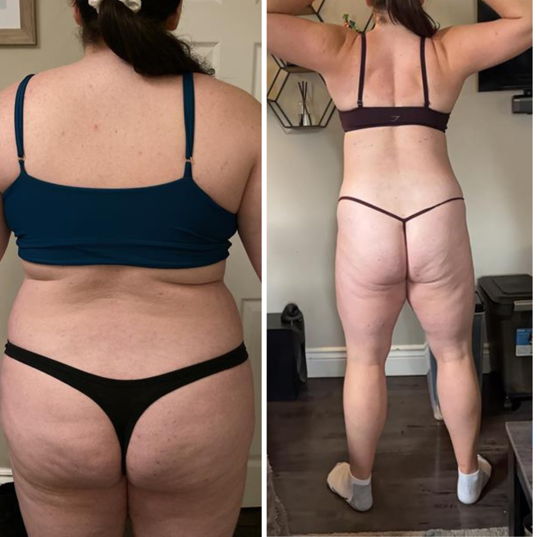 Side-by-side comparison of a woman before and after weight loss, showing her back and legs in similar poses.