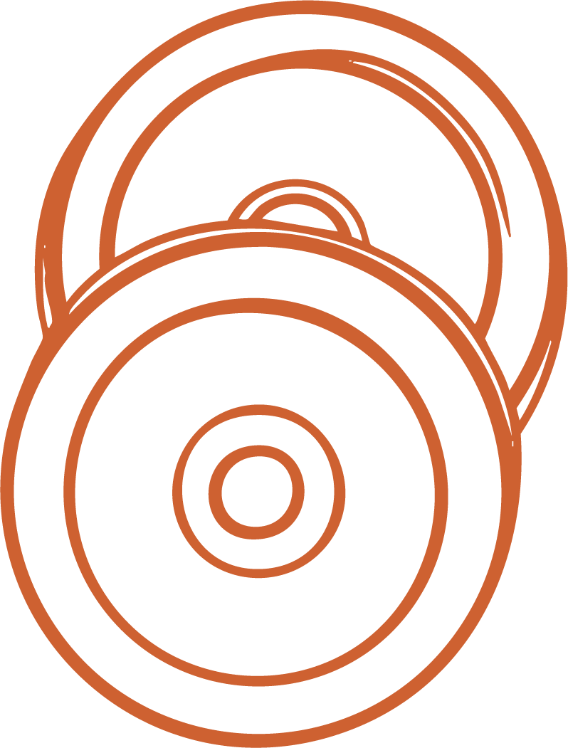 Illustration of three overlapping brown and black circular discs, resembling vinyl records, arranged vertically.