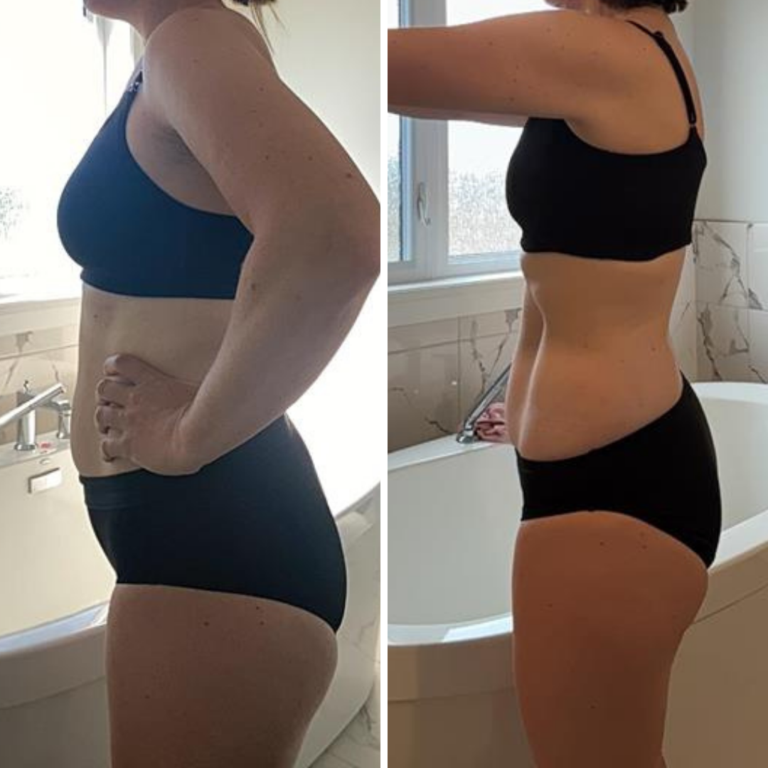 Side-by-side before and after photos of a woman's body, showing weight loss or body transformation, in a bathroom with a bathtub and window.