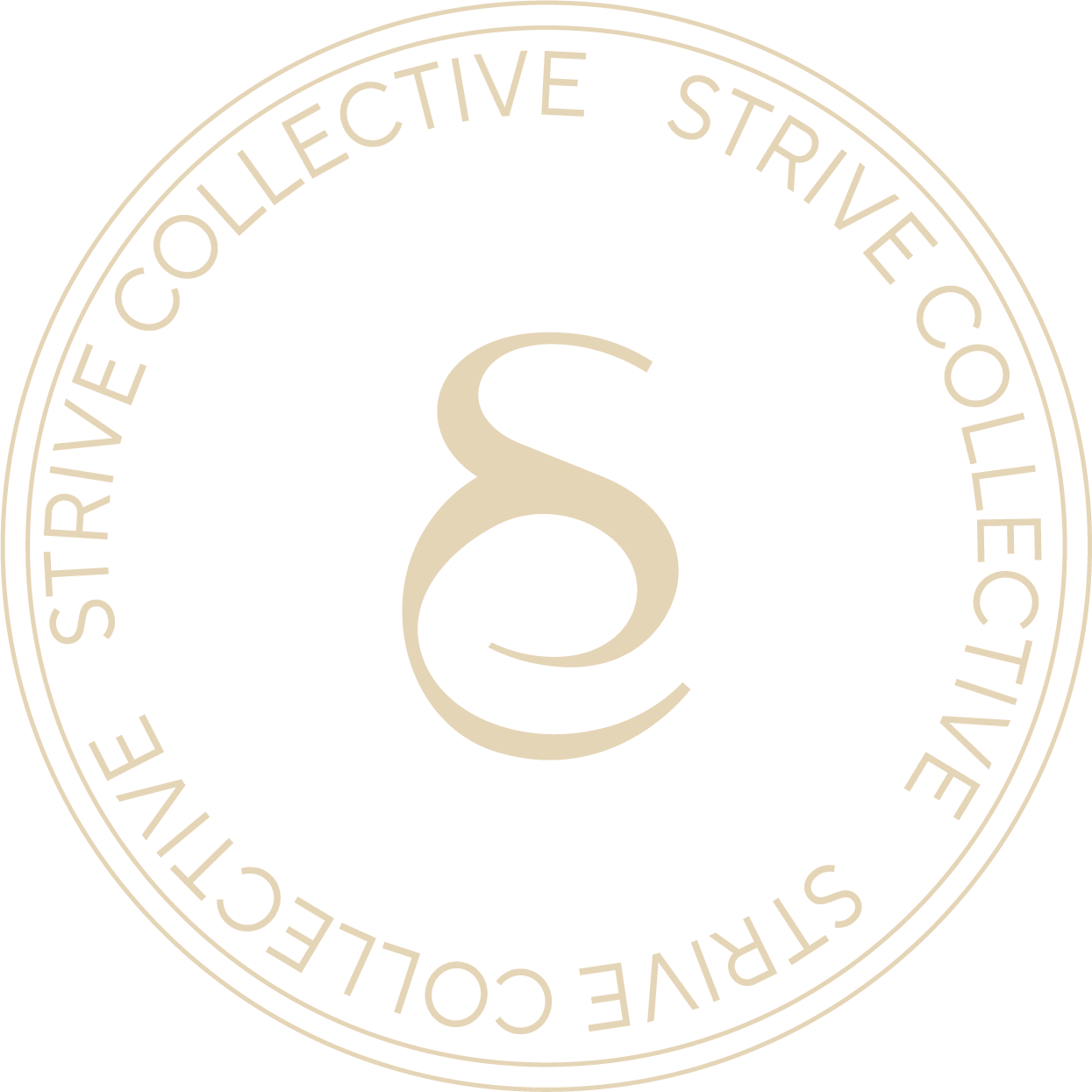 Gold circular logo with a stylized letter 'G' in the center, surrounded by the text 'STRIVE COLLECTIVE TRUSTIVE COLLECTIVE' in an inner and outer circle on a black background.