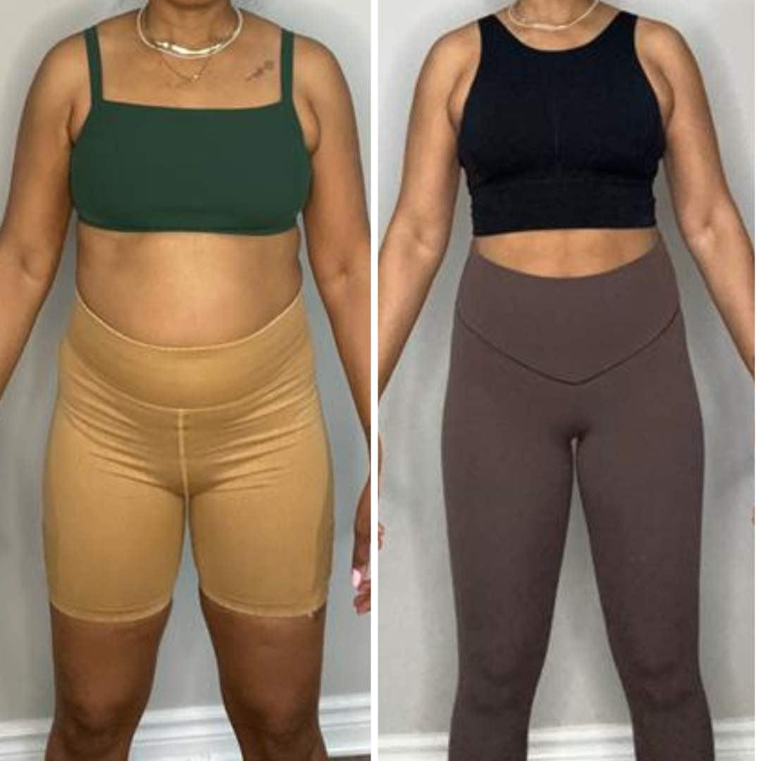 Side-by-side comparison of a woman showing fitness transformation, with the left image showing her before and the right after, wearing workout clothing against plain backgrounds.