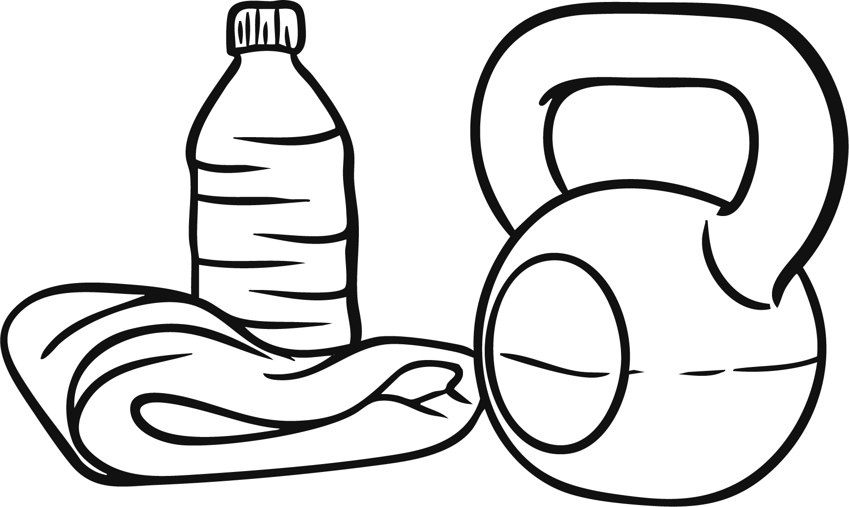 Outline drawing of a sports water bottle, a pair of dumbbells, and a kettlebell.
