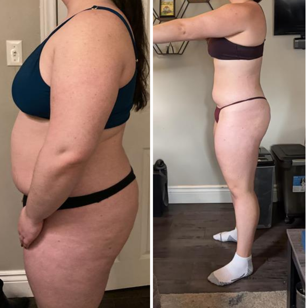 Side-by-side comparison of a woman before and after weight loss transformation, with visible changes in body shape and size.