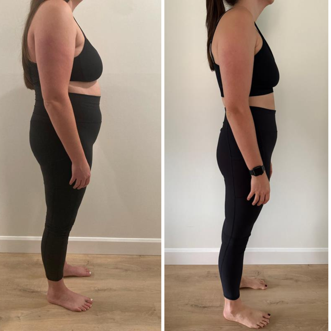 Side-by-side comparison of a woman before and after workout progress, wearing black sports bra and black leggings, standing against a plain wall and wooden floor, showing body transformation.