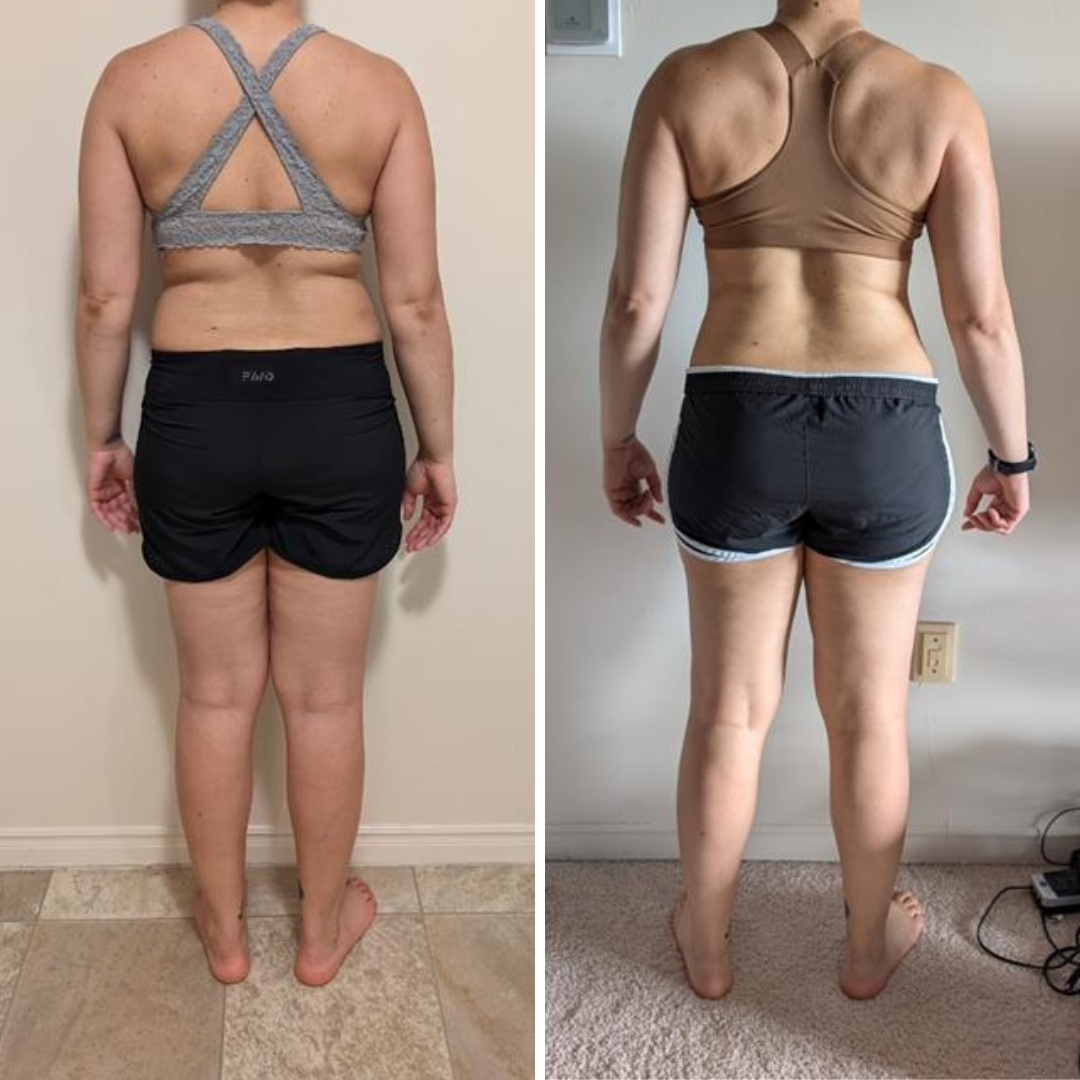 Side-by-side comparison of a woman's back before and after fitness or weight-loss transformation, wearing different sports bras and shorts