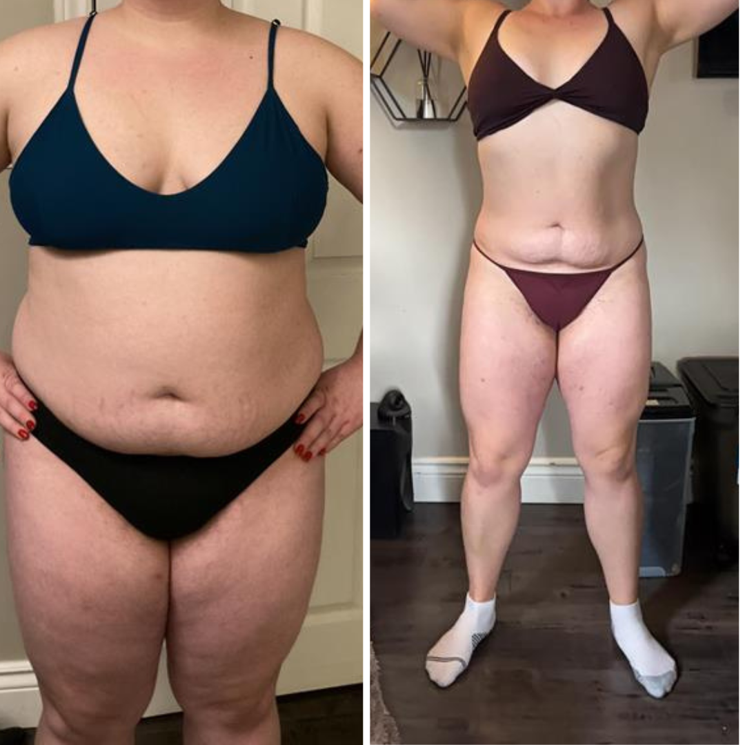 Side-by-side before and after photos of a woman showing weight loss progress head-to-toe in a casual indoor setting.