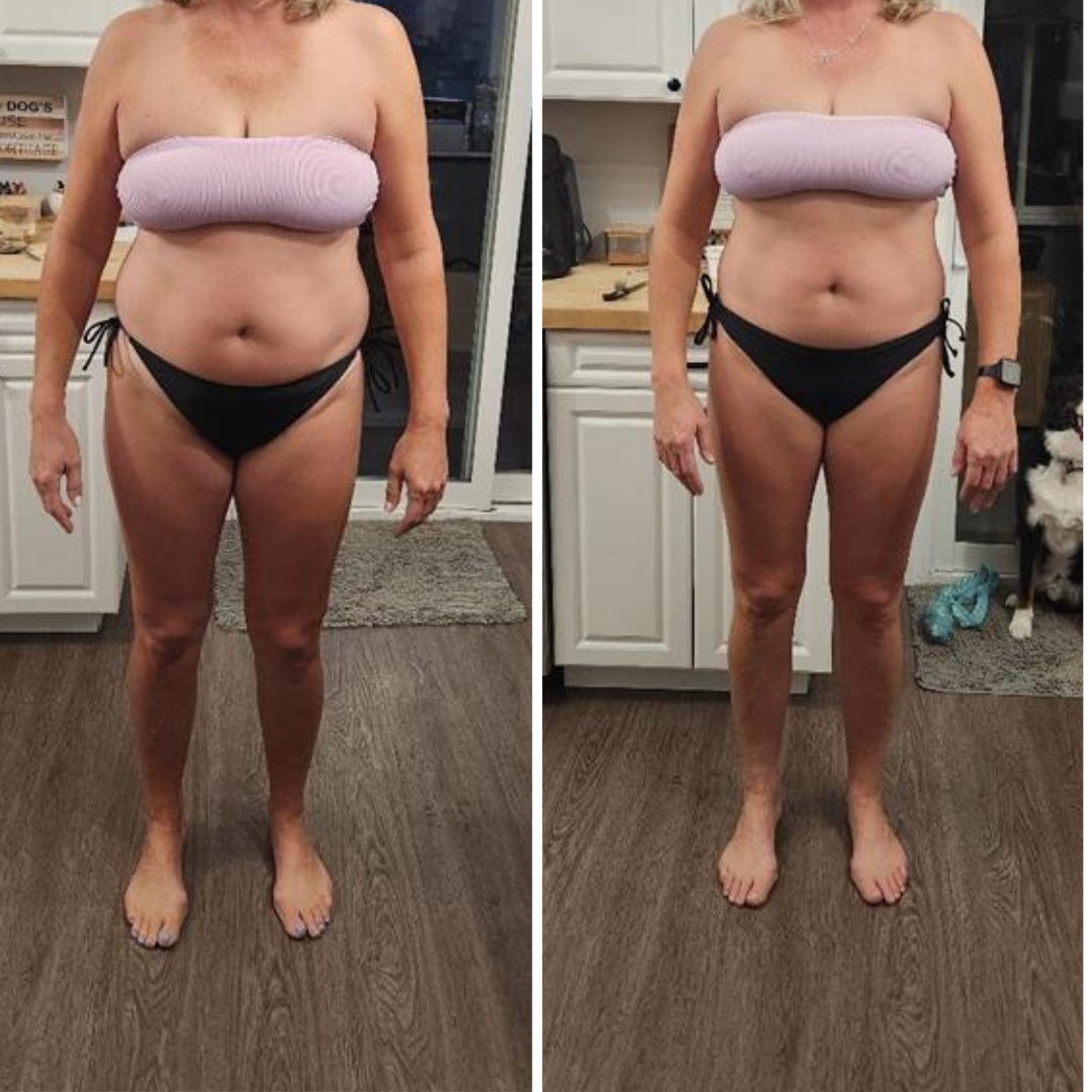 Side-by-side comparison photos of a woman before and after weight loss, standing in a kitchen wearing a pink strapless top and black bikini bottoms.