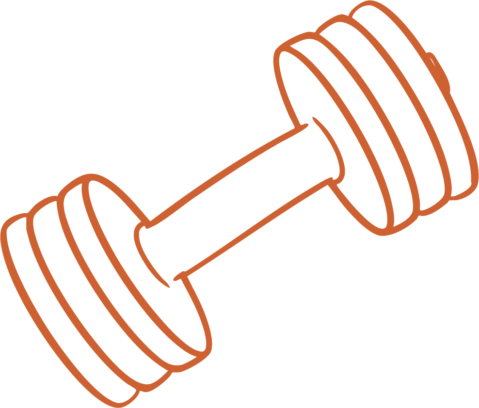 Outline drawing of a dumbbell with two weight plates on each end, colored in brown.