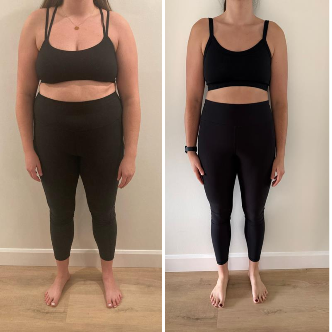 Side-by-side comparison of a woman before and after weight loss, wearing black workout clothes, standing barefoot indoors against a plain wall.