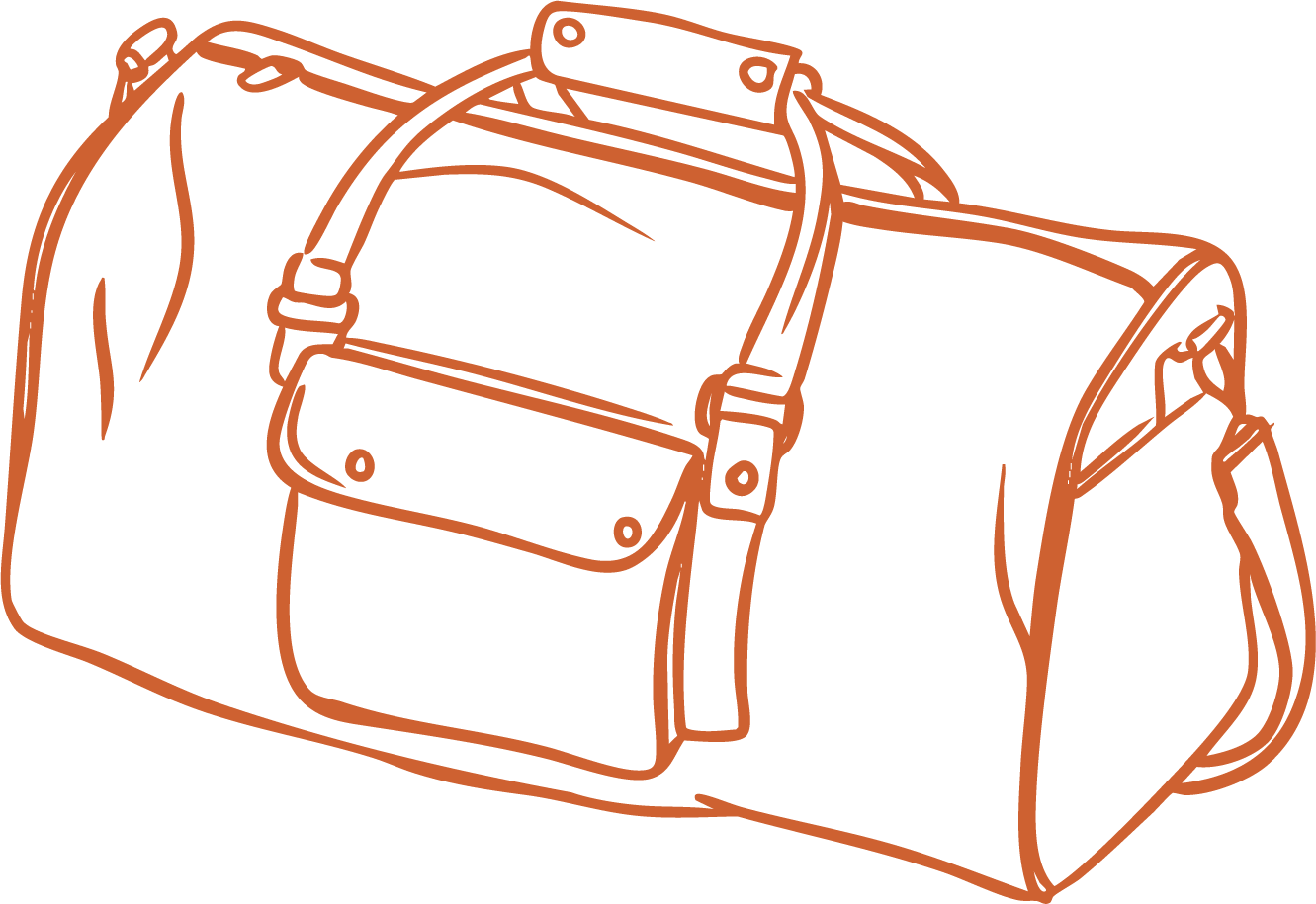 Illustration of a duffel bag with a shoulder strap and front pocket.