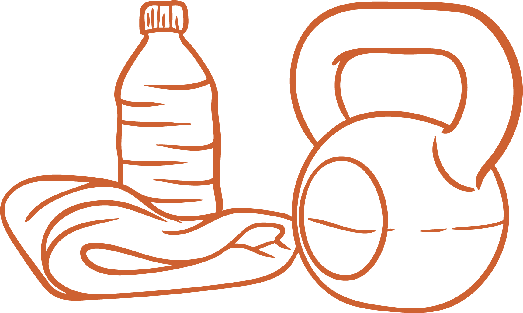 Line drawing of a plastic water bottle, a rolled-up yoga mat, and a large sport water bottle.
