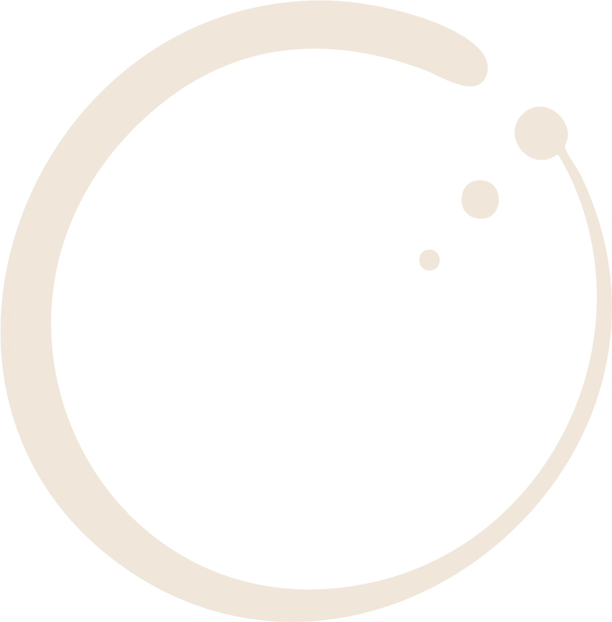 Simple black and beige circle design with smaller circles attached, resembling atoms or molecules.