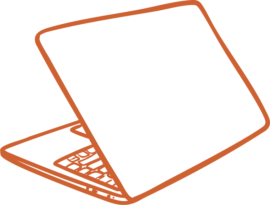 A simple, stylized line drawing of a laptop computer with a dark screen and a keyboard, in a reddish-brown color.