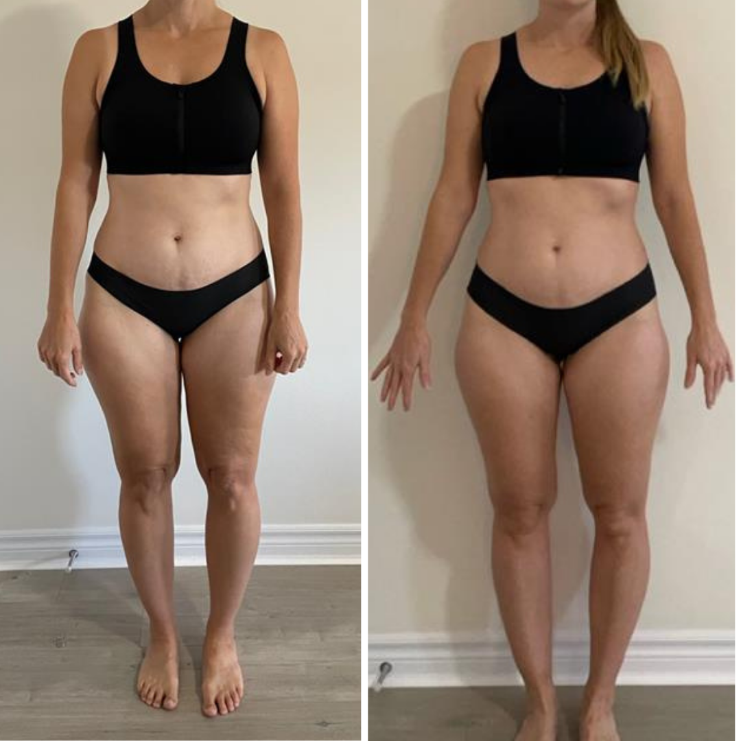 Side-by-side comparison of a woman before and after a fitness journey. She is wearing a black sports bra and black underwear in both images, standing against a plain wall. The change shows reduction in body fat and improved muscle tone.