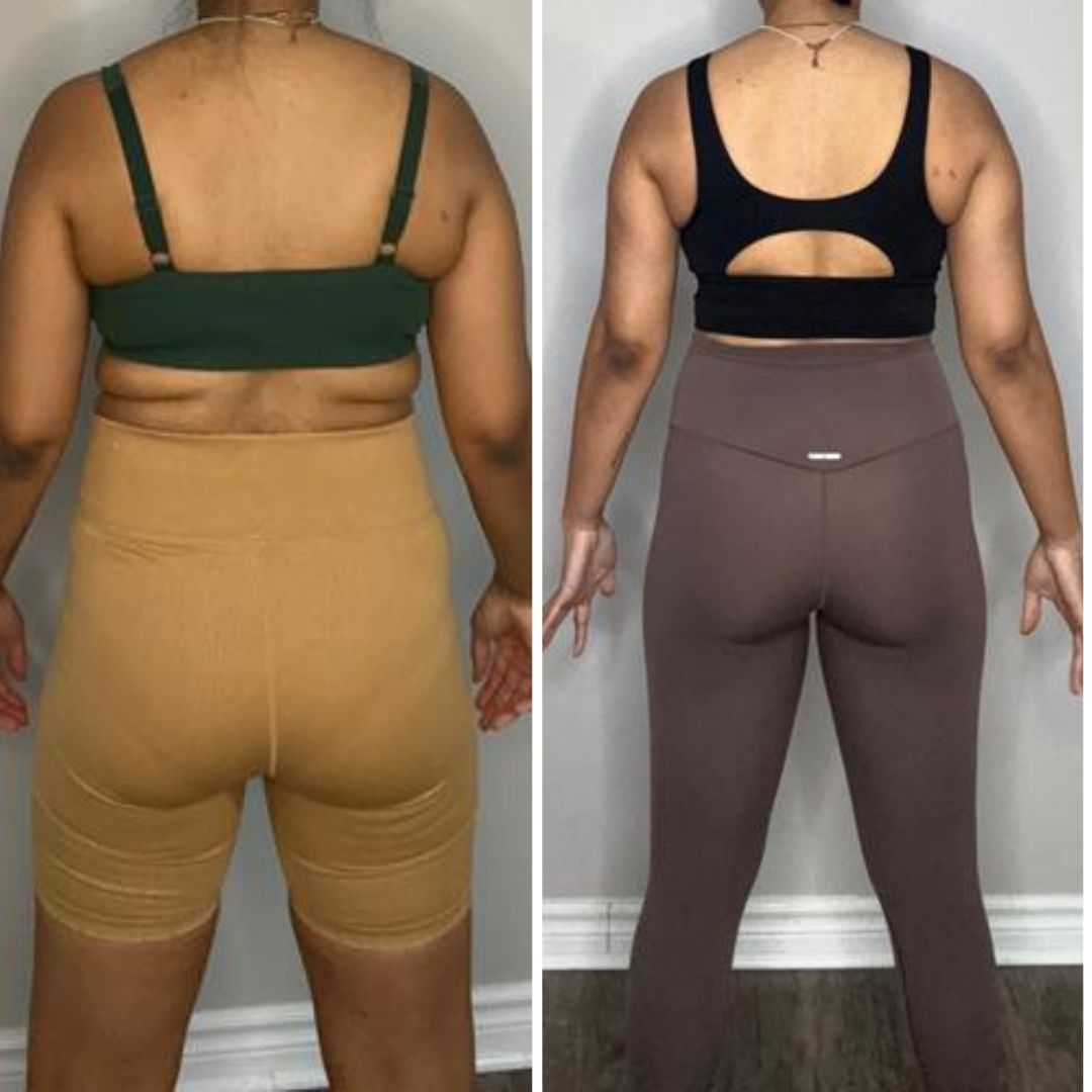 Comparison of a woman's back before and after fitness progress, showing weight loss and muscle toning.