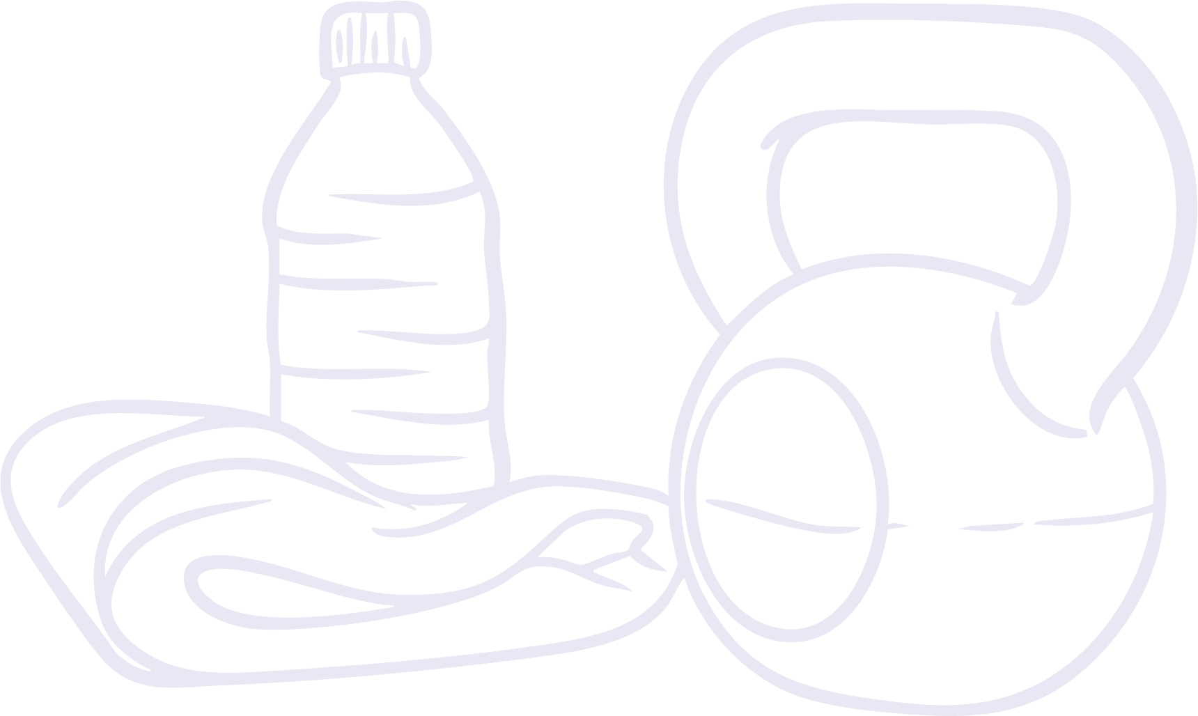 Line drawing of a plastic water bottle, a sports water bottle, a rolled-up towel, and a swim cap with a chin strap.