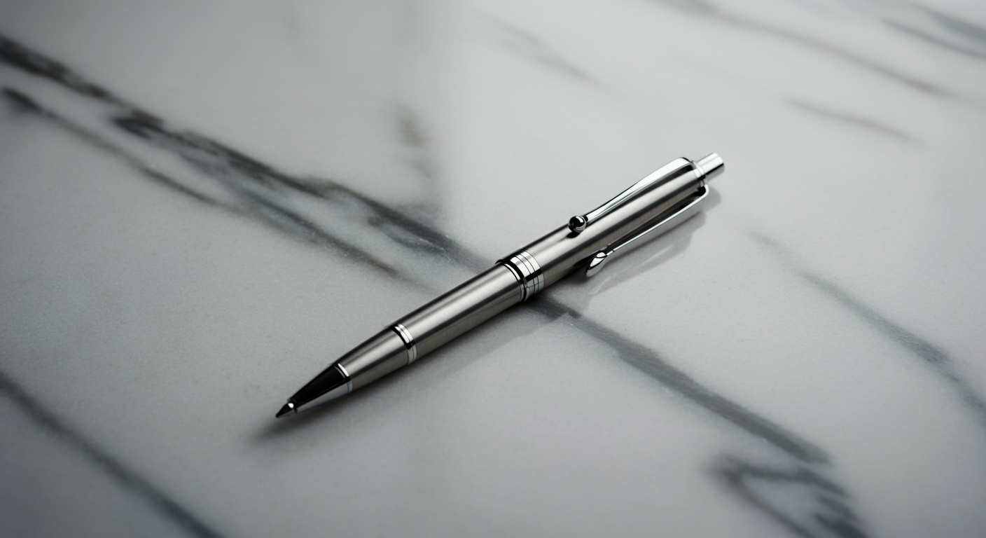 Silver pen lying on a white marble surface.