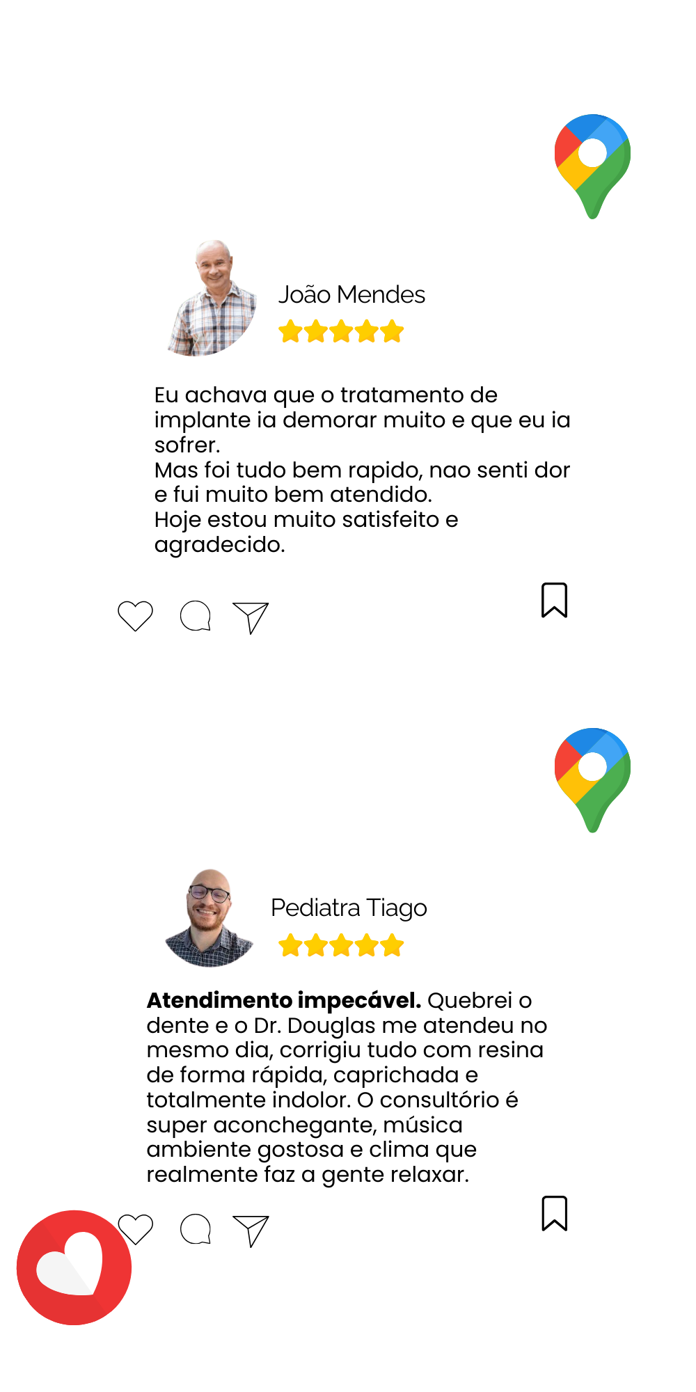 Avaliações positivas sobre os resultados dos tratamentos de reabilitação oral e a segurança de sorrir novamente na Douglas Odontologia.