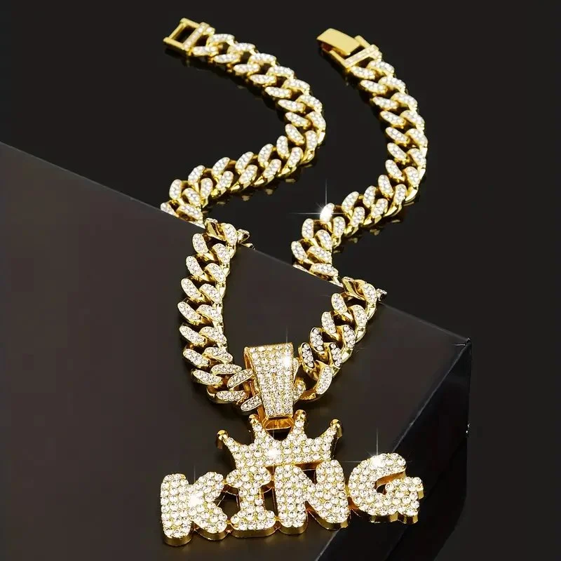 Rhinestone Crown KING Pendant & Rhinestone Cuban Chain Necklace. 1.jpg