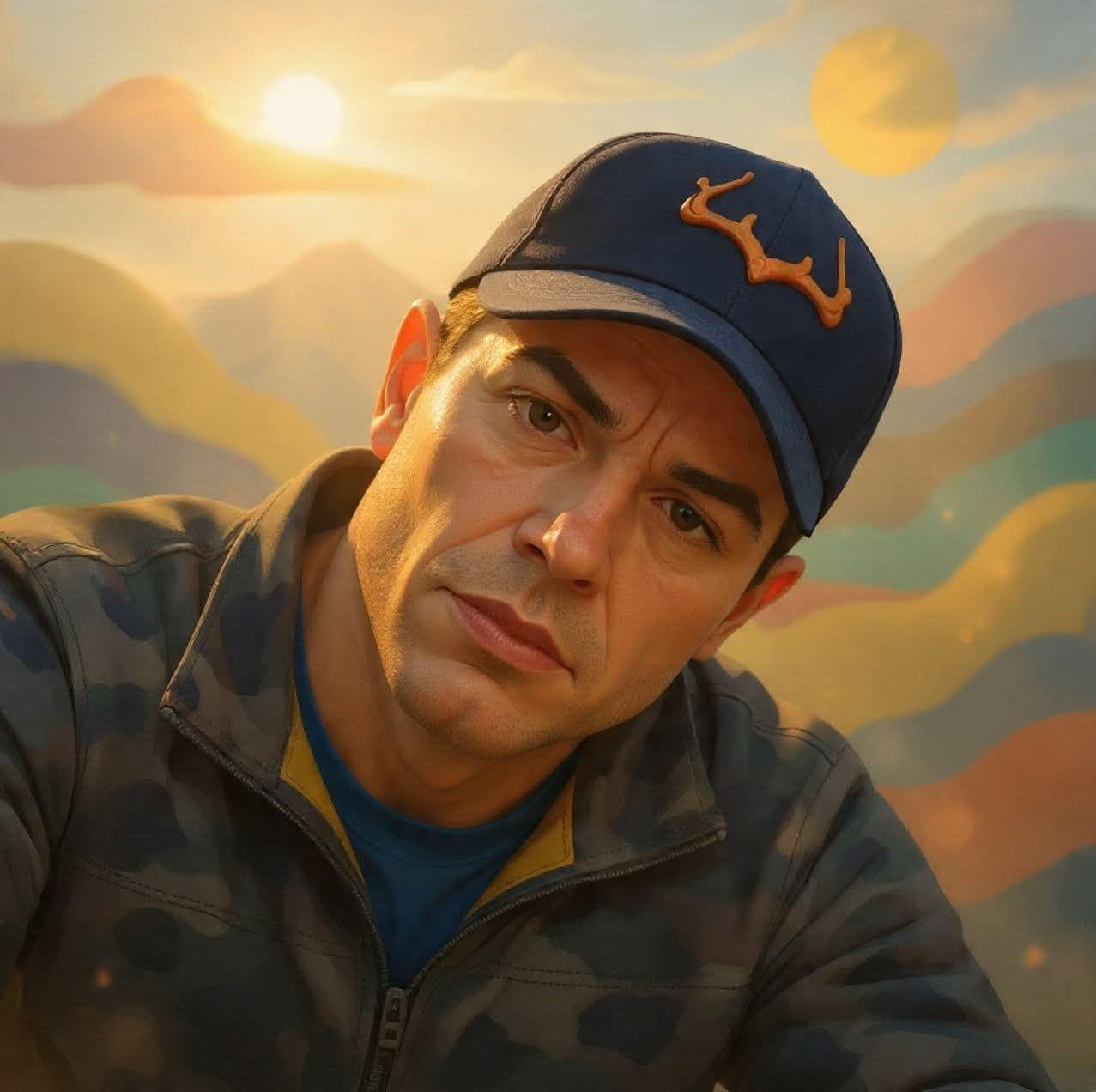 A man wearing a blue cap with orange writing, a camo jacket, and a blue shirt, taking a selfie against a colorful, abstract background with pastel mountains and a bright sun.