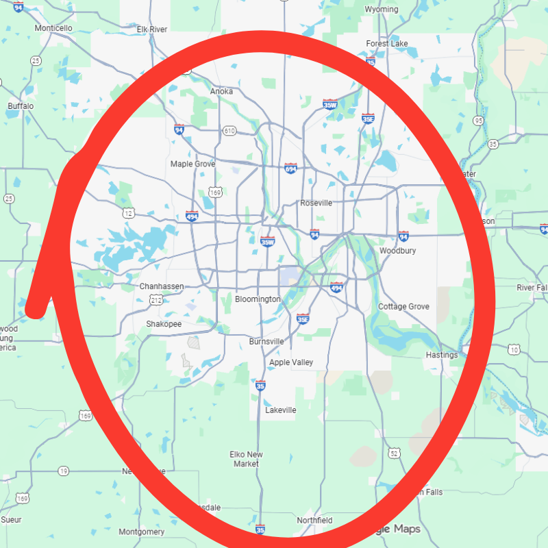 This is an image of our service radius. We service a 40 mile radius around Burnsvile, MN.