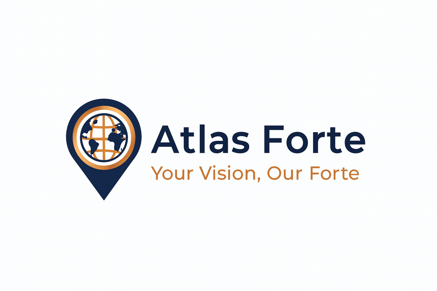 Logo of Atlas Forte with a globe inside a location pin icon, accompanied by the text 'Atlas Forte' and the tagline 'Your Vision, Our Forte'.